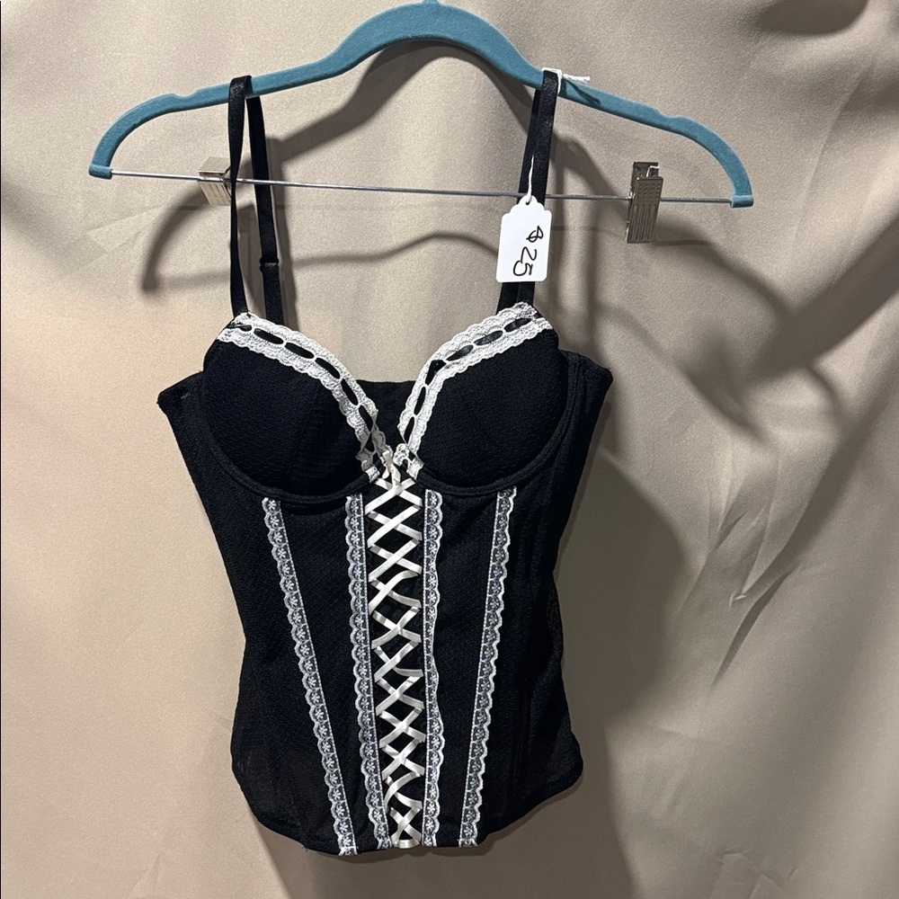 Black Lace-Up Bustier Corset with White Trim
